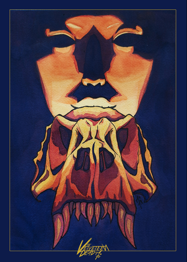 Blue and orange lady behind a trex skull