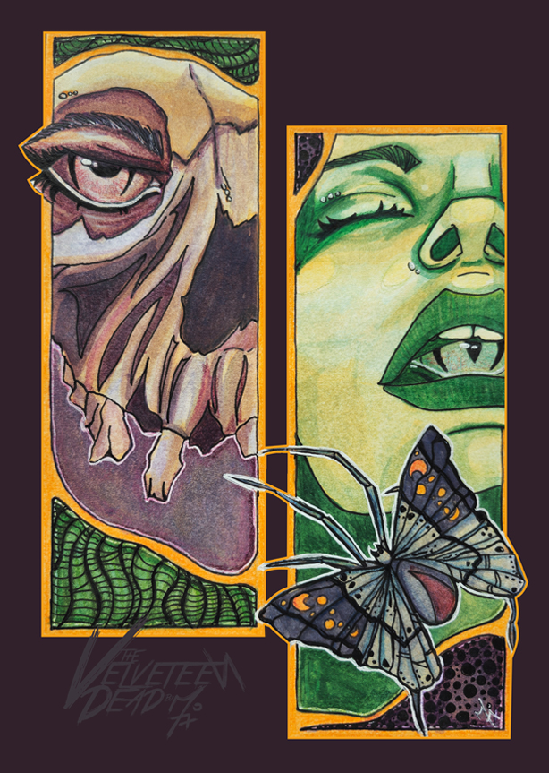 An artwork entitled Spiders. It features a skull on the left side and a woman with an eye in her mouth on the right. There is a spider with butterfly wings on the right.